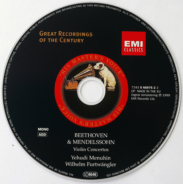 Beethoven* & Mendelssohn* – Yehudi Menuhin, Wilhelm Furtwängler : Violin Concertos (CD, Comp, Mono, RM)