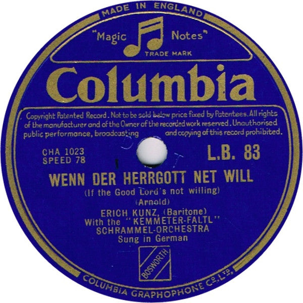 Erich Kunz With The Die Faltl-Kemmeter-Schrammeln : Wenn Der Herrgott Net Will / Wiener Fiakerlied (Shellac, 10")