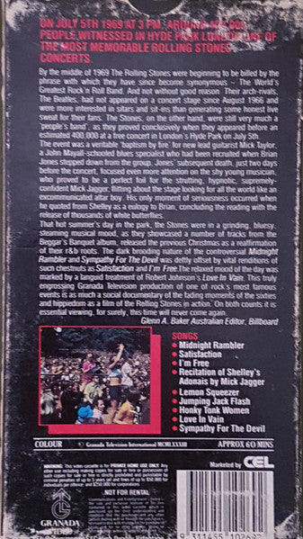 The Rolling Stones : The Stones In The Park (VHS, PAL)