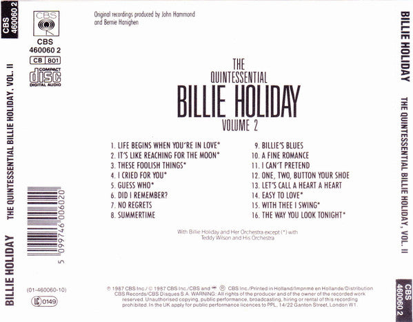 Billie Holiday : The Quintessential Billie Holiday Volume 2 (CD, Comp, Mono, RM)
