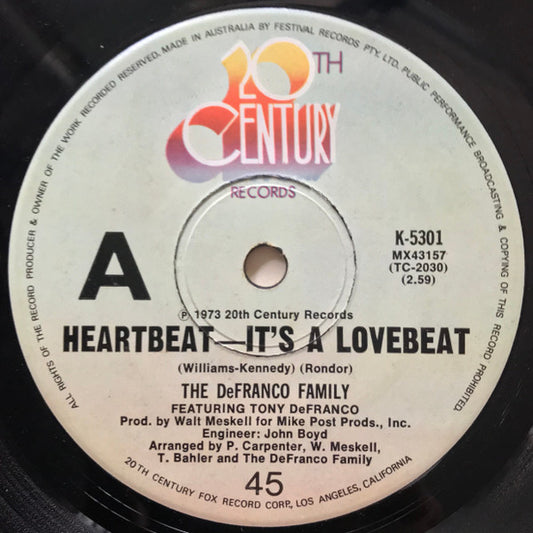 The DeFranco Family : Heartbeat - It's A Lovebeat (7", Single)