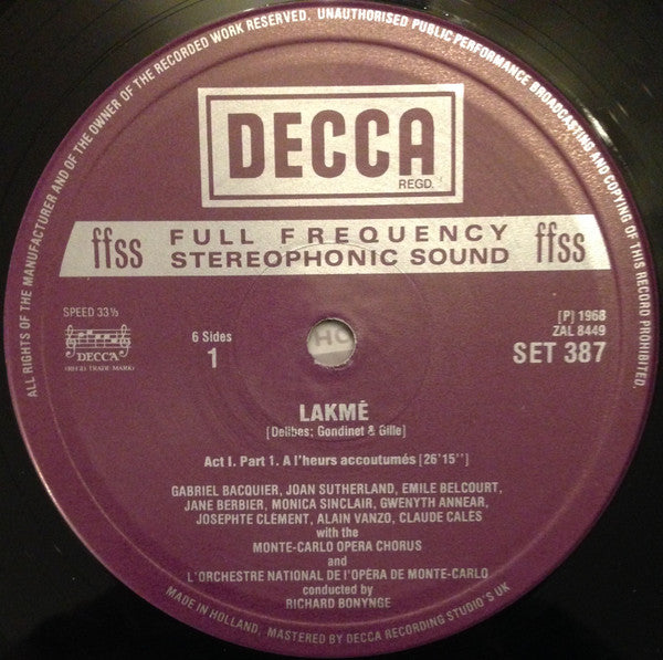Delibes* - Joan Sutherland, Richard Bonynge, Alain Vanzo, Gabriel Bacquier : Lakmé (3xLP, RE + Box)