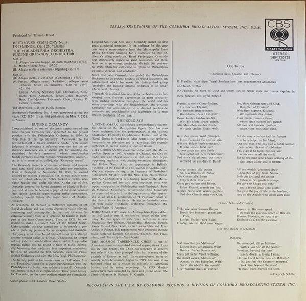 Beethoven*, The Philadelphia Orchestra, Eugene Ormandy, Mormon Tabernacle Choir, Richard P. Condie : The Ninth Symphony (LP)