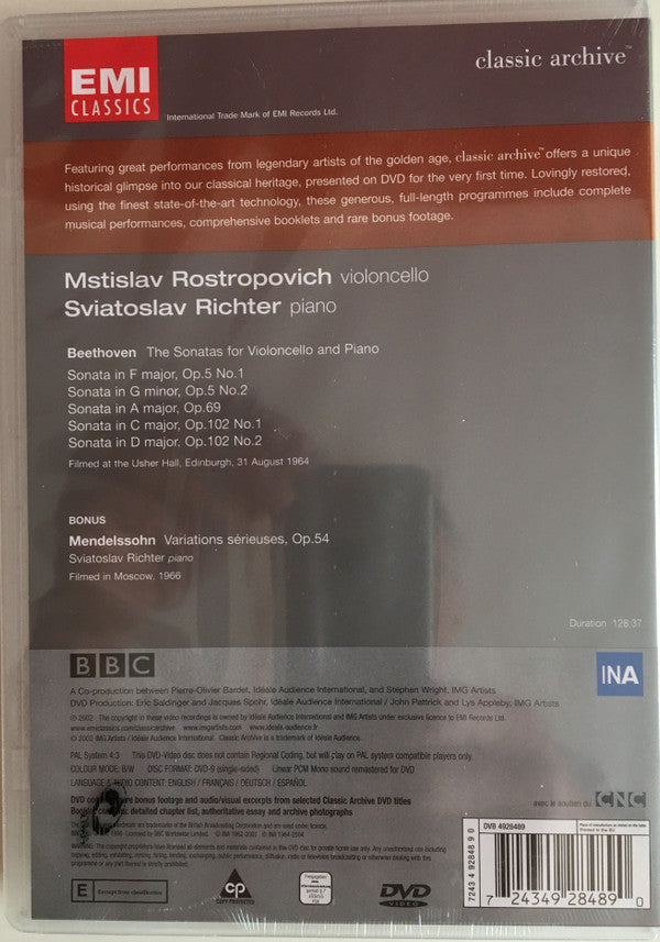 Rostropovich*, Richter*, Beethoven* : The Cello Sonatas (DVD-V, Comp, Mono, Copy Prot., PAL)