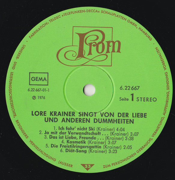 Lore Krainer : Singt Von Der Liebe Und Anderen Dummheiten (LP, Album)