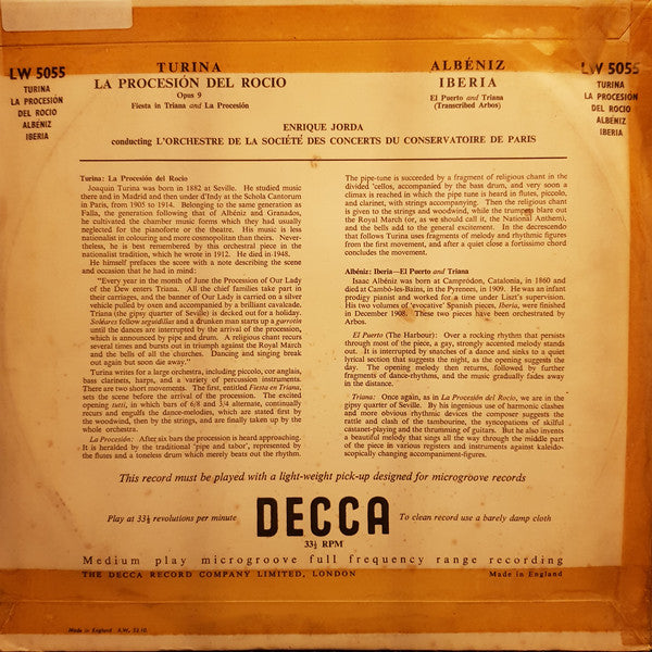 Enrique Jordá Conducting L'Orchestre De La Société Des Concerts Du Conservatoire De Paris* : Turina La Procesion Del Rocio Albeniz Iberia (10", Mono)