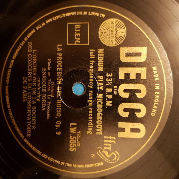 Enrique Jordá Conducting L'Orchestre De La Société Des Concerts Du Conservatoire De Paris* : Turina La Procesion Del Rocio Albeniz Iberia (10", Mono)