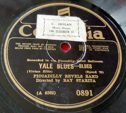 Piccadilly Revels Band : Yale Blues / Varsity Yale Blues (Shellac, 10")