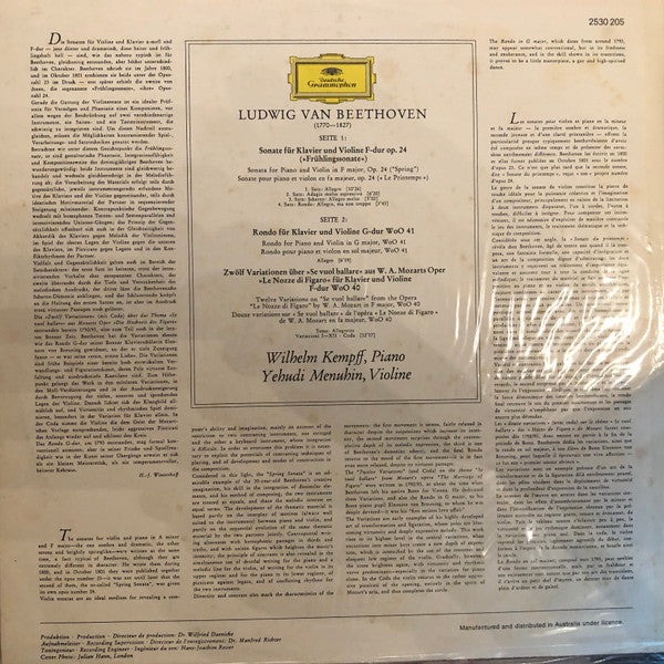 Ludwig van Beethoven - Wilhelm Kempff · Yehudi Menuhin : »Frühlingssonate« (Spring Sonata) Op. 24 · Rondo WoO 41 · 12 Variationen WoO 40 (LP)