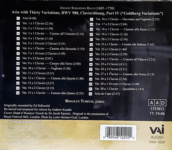 J.S. Bach* - Rosalyn Tureck : Goldberg Variations (CD, Album)