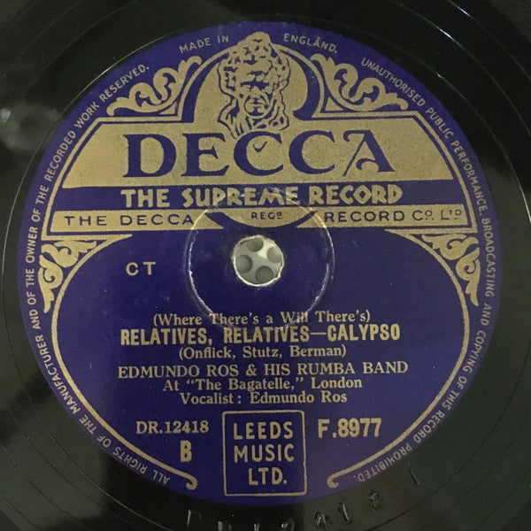 Edmundo Ros And His Rumba Band : No Money (Is A Very Sorry Thing) Calypso / (Where There's A Will There's) Relatives, Relatives - Calypso (Shellac, 10")