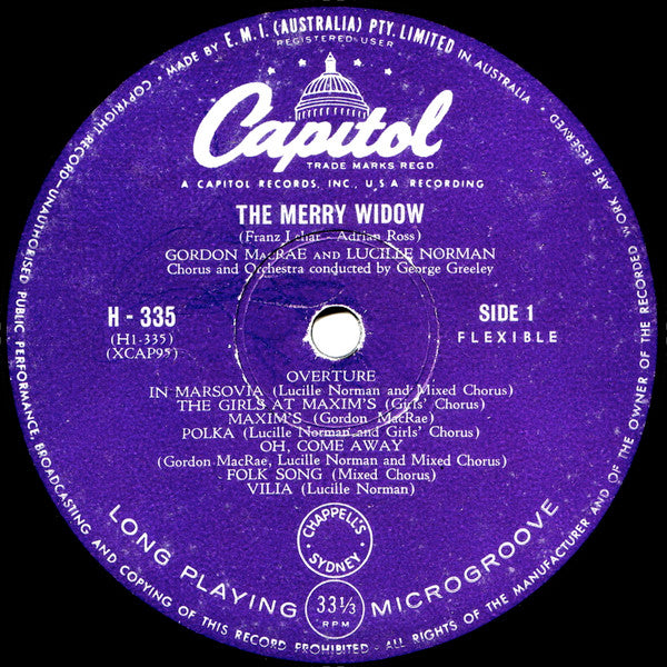Franz Lehár, George Greeley : The Merry Widow featuring Gordon MacRae and Lucille Norman (10", Album, Mono, RP, Lon)