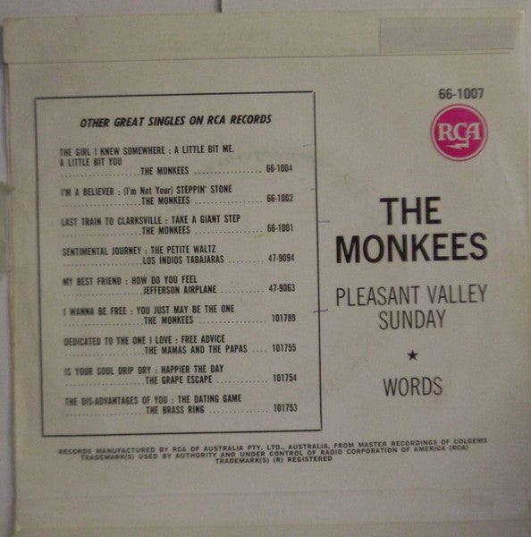 The Monkees : Pleasant Valley Sunday / Words (7", Single)