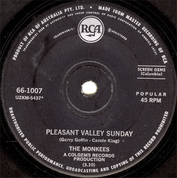 The Monkees : Pleasant Valley Sunday / Words (7", Single)