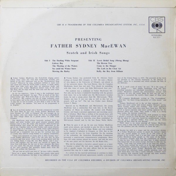 Father Sydney MacEwan : Scotch and Irish Songs (LP, Album, Mono, RE)