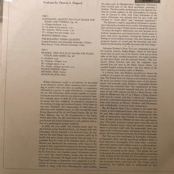 Johannes Brahms / Myron Bloom - Michael Tree - Rudolf Serkin : Schumann: Piano Quintet; Brahms: Horn Trio (LP, Album)