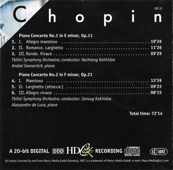 Chopin* : Piano Concerto No. 1 In E Minor, Op.11 / Piano Concerto No. 2 In F Minor, Op.21 (CD, Comp)