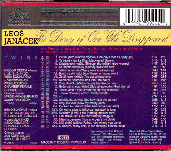 Leoš Janáček / Nicolai Gedda / Věra Soukupová / Josef Páleníček  -  Beno Blachut / Štěpánka Štěpánová / Josef Páleníček : The Diary Of One Who Disappeared - Twins (CD, Album, Comp, Mono)