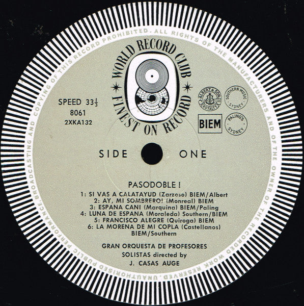 Gran Orquesta De Profesores Solistas Directed By Josep Casas i Augé : Pasodoble! Music Of The Bull Ring (LP, Album, Mono, Club)
