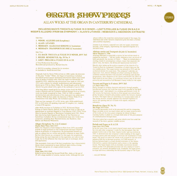 Allan Wicks : Organ Showpieces - Allan Wicks at the Organ In Canterbury Cathedral (LP, Album, Club, RE)