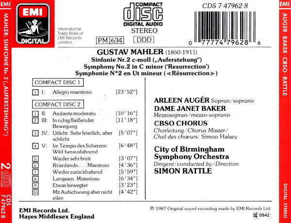 Gustav Mahler, Janet Baker, Arleen Auger, City Of Birmingham Symphony Orchestra, City Of Birmingham Symphony Orchestra Chorus, Sir Simon Rattle : Symphony No. 2 · ("Resurrection") (2xCD, Album, Tos)