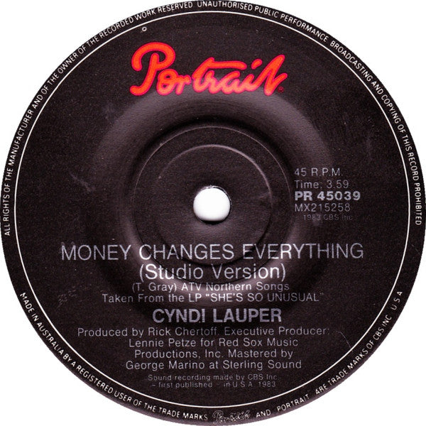 Cyndi Lauper : Money Changes Everything (Live) (7", Single)