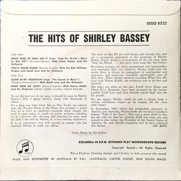 Shirley Bassey : The Hits Of Shirley Bassey (7", EP)