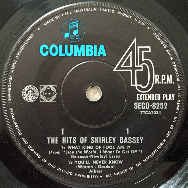 Shirley Bassey : The Hits Of Shirley Bassey (7", EP)