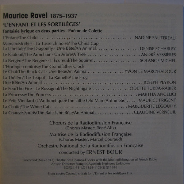 Maurice Ravel, Orchestre National De France, Chœur de Radio France, Maîtrise De Radio France, Ernest Bour : L'Enfant Et Les Sortilèges (CD, Mono, RM)