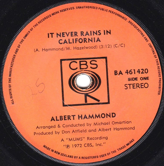 Albert Hammond : It Never Rains In Southern California (7", Single)