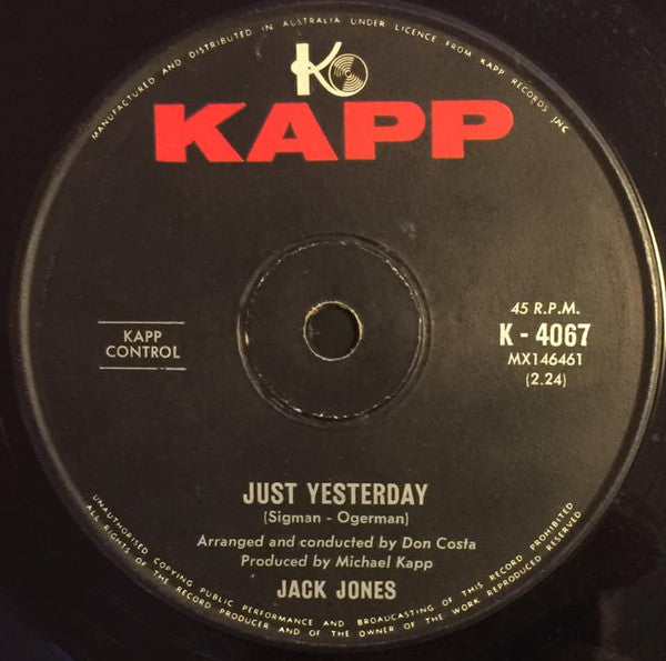 Jack Jones : Just Yesterday  (7", Single)