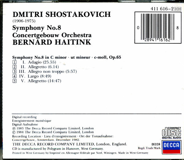 Shostakovich*, Concertgebouw Orchestra*, Bernard Haitink : Symphony No.8 (CD, Album)