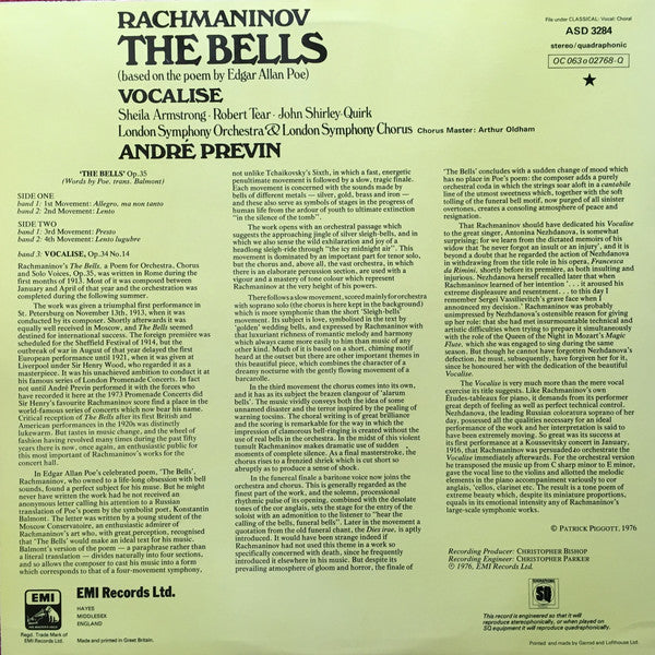 Rachmaninov*, Sheila Armstrong, Robert Tear, John Shirley-Quirk, London Symphony Orchestra, London Symphony Chorus, André Previn : The Bells / Vocalise (LP, Quad, Ori)