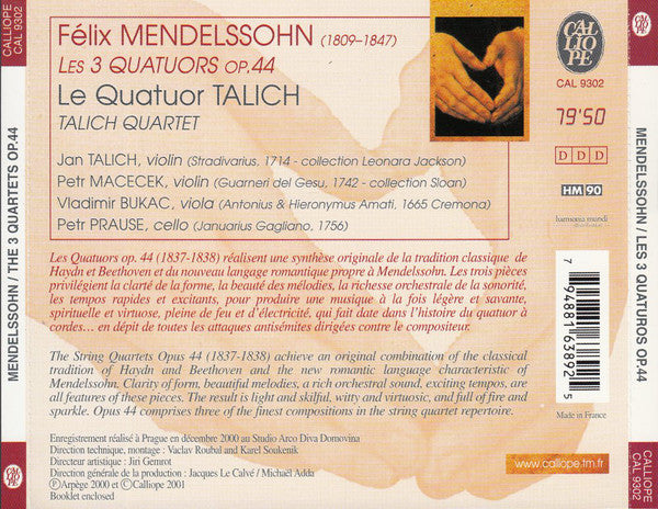 Félix Mendelssohn*, Le Quatuor Talich* : Les 3 Quatuors Op. 44 (CD, Album)
