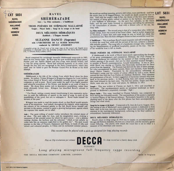Ravel*, Suzanne Danco / L'Orchestre De La Suisse Romande / Ernest Ansermet : Sheherazade / Trois Poemes de Stephane Mallarme / Deux Melodies Hebraiques (LP, Album, Mono)