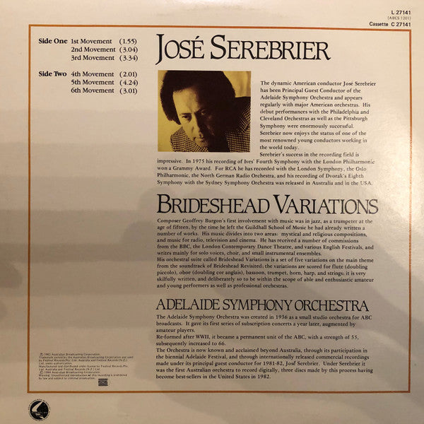 Jose Serebrier, Adelaide Symphony Orchestra, Geoffrey Burgon : Brideshead Variations (LP, Album, RE)