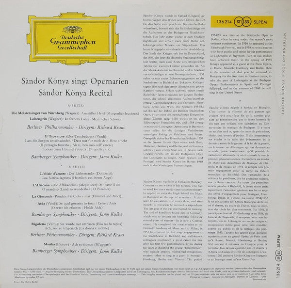 Sándor Kónya : Sándor Kónya Singt Opernarien / Sandor Konya Recital (LP)