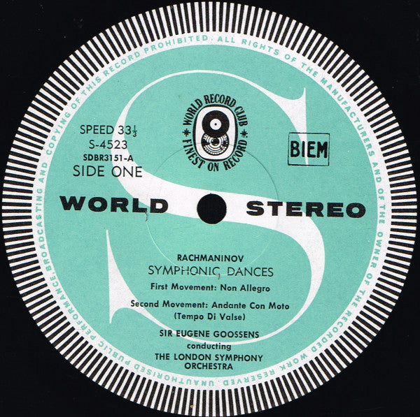 Rachmaninoff* / The London Symphony Orchestra* Conducted By Sir Eugene Goossens : Symphonic Dances (LP, Album, Club)