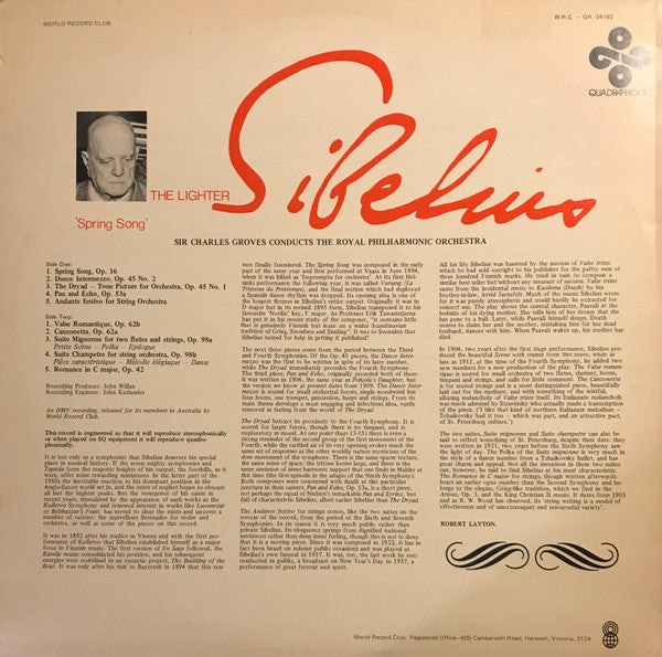 Jean Sibelius : The Lighter Sibelius - 'Spring Song' (LP, Album, Quad, Club)