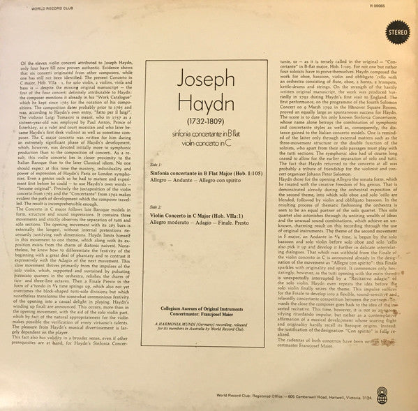 Haydn* - Collegium Aureum Of Original Instruments*, Franzjosef Maier : Concertante Sinfonie B-Dur Hob. I:105/ Violinkonzert C-Dur Hob. VII A:I (LP, Album, Club)