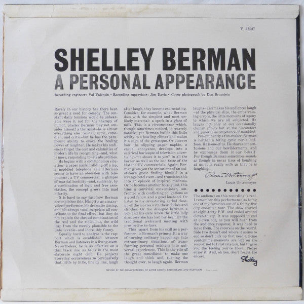 Shelley Berman : A Personal Appearance (LP, Album, Mono)