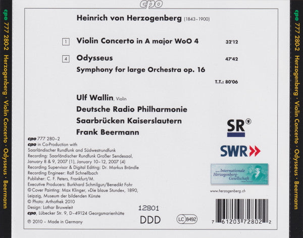 Heinrich Von Herzogenberg - Ulf Wallin, Deutsche Radio Philharmonie*, Frank Beermann : Violin Concerto ∙ Odysseus (CD, Album)