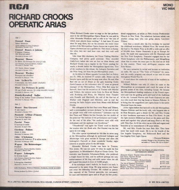 Richard Crooks (2) : Arias From / Faust • Manon • Roméo Et Juliette • Lohengrin • Die Meistersinger / Don Giovanni • L'Elisir D'Amore • Tosca • Fedora • Werther • Sadko / Le Roi D'Ys • L'Arlesiana • Les Pêcheurs De Perles (LP, Album, Comp, Mono)