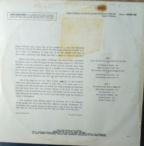Buddy Williams (2) : The Cowboys Life Is Good Enough For Me (LP, Album, RE)
