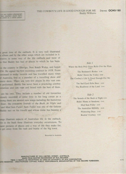 Buddy Williams (2) : The Cowboys Life Is Good Enough For Me (LP, Album, RE)