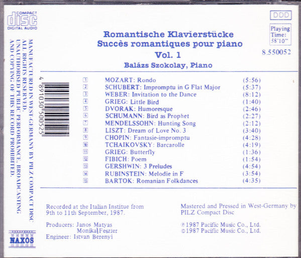 Balázs Szokolay : Romantic Piano Favourites Vol.1 (CD)