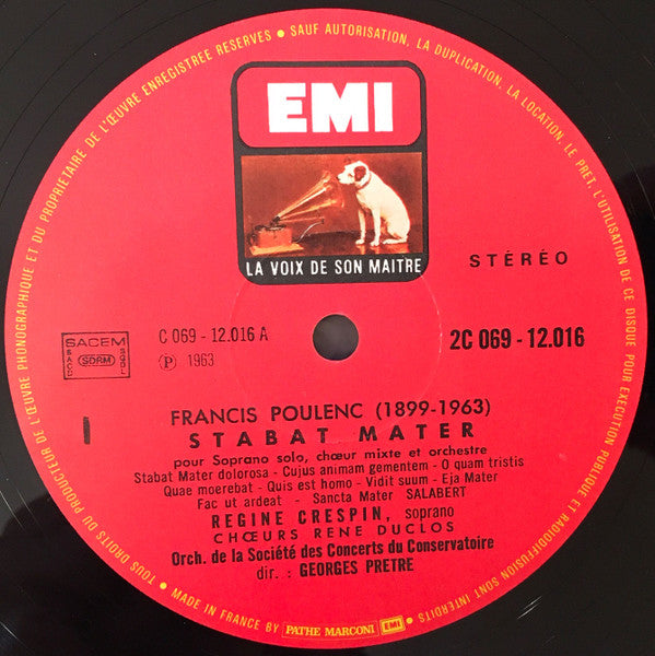 Francis Poulenc, Régine Crespin, Les Chœurs René Duclos, Orchestre De La Société Des Concerts Du Conservatoire, Georges Prêtre : Stabat Mater (LP, RE, Gat)