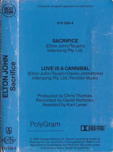 Elton John : Sacrifice (Cass, Single)
