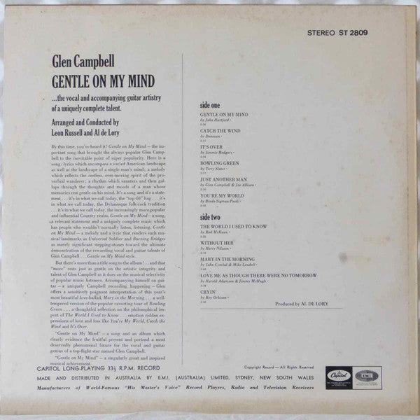 Glen Campbell : Gentle On My Mind (LP, Album, RE, Gre)