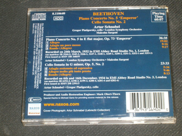 Ludwig van Beethoven, Artur Schnabel, Gregor Piatigorsky, Sir Malcolm Sargent : Piano Concerto No. 5; Cello Sonata No. 2 (CD, Album, Comp, Mono, RM)